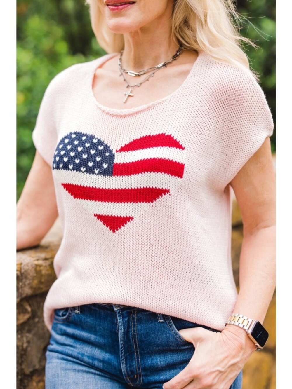 Wooden Ships American Flag Heart Sweater Top L Pink Open Knit Short Sleeve Beach